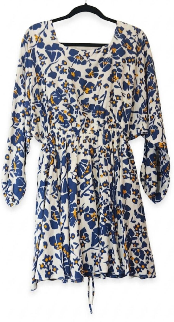 Caballero Womens medium square neck modal silk shift dress blue yellow boho